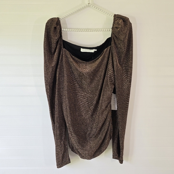 NWT Astr The Label Metallic Puff Shoulder Square Neck Top Brown/Rose Gold Large - Picture 2 of 7